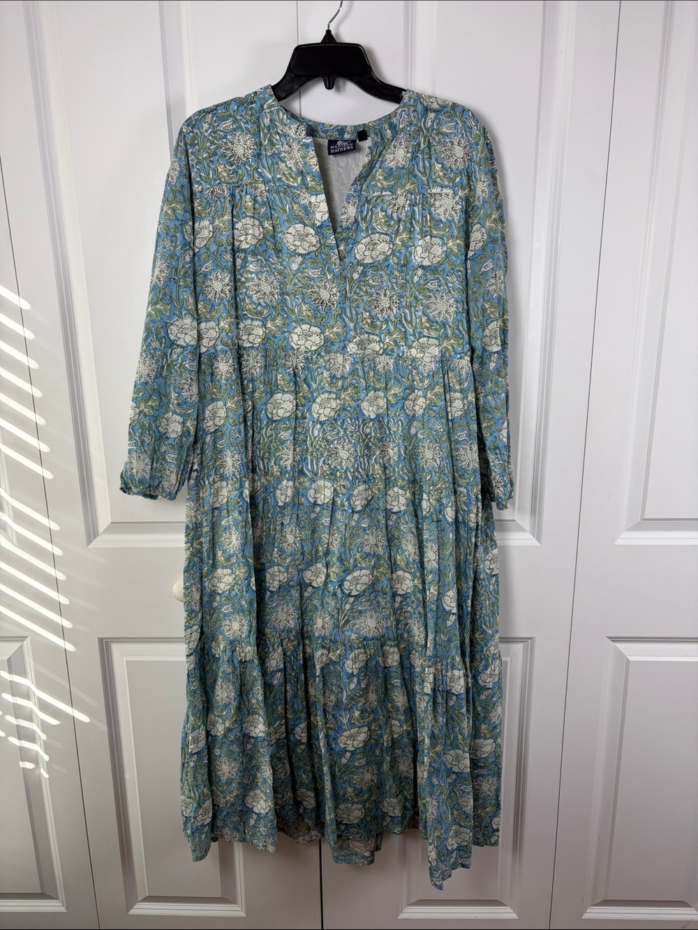 Madison Mathews Teal and White Floral Tiered Maxi Dress Size Large Cottage Boho